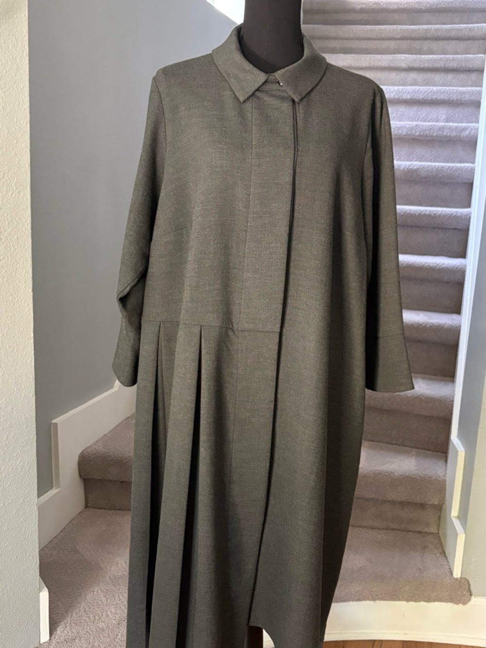 Grey Pleated Asymmetrical Button Down Collar Dress